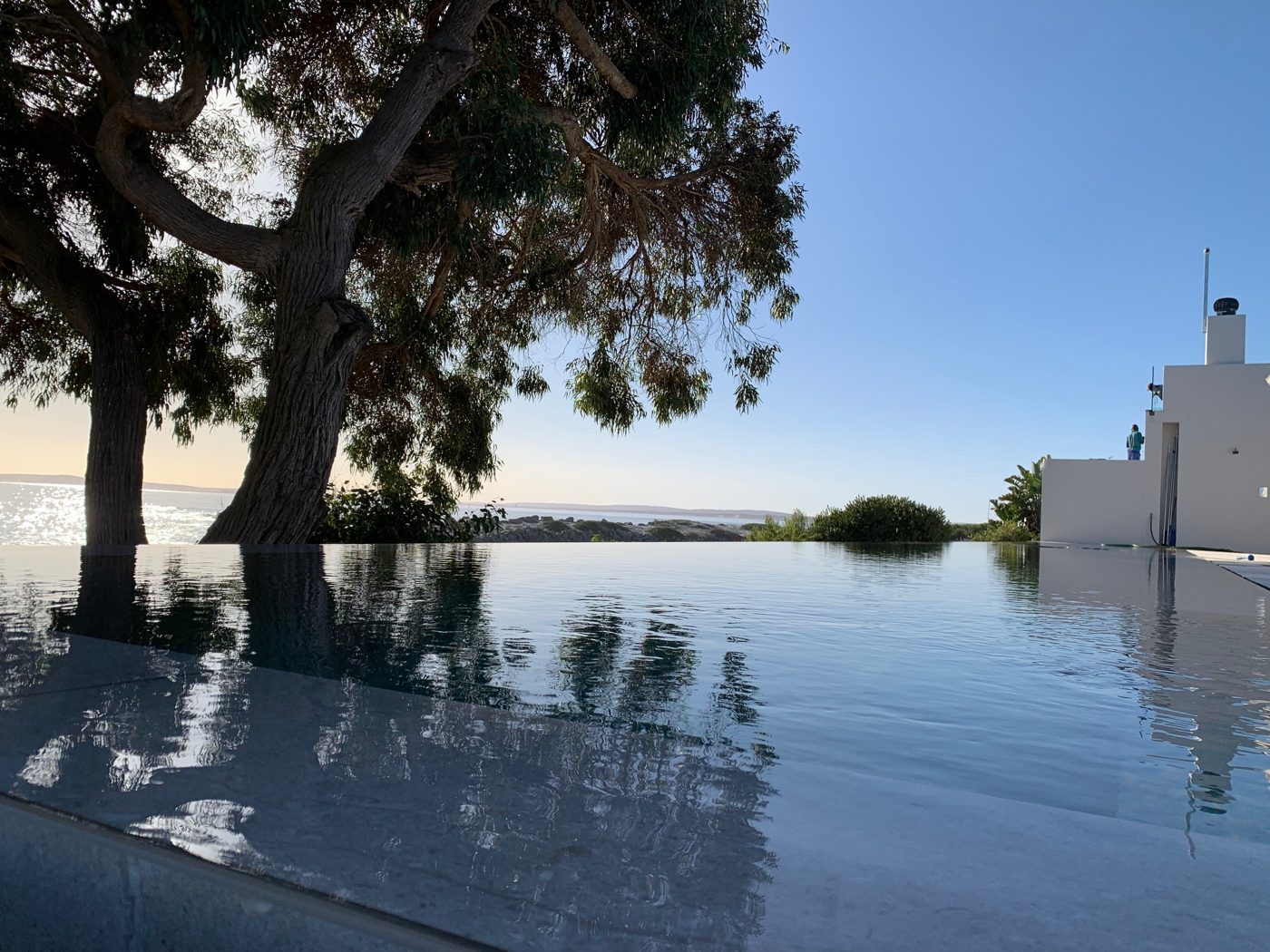 Spiegelglatter Pool mit Bäumen und Haus im Hintergrund