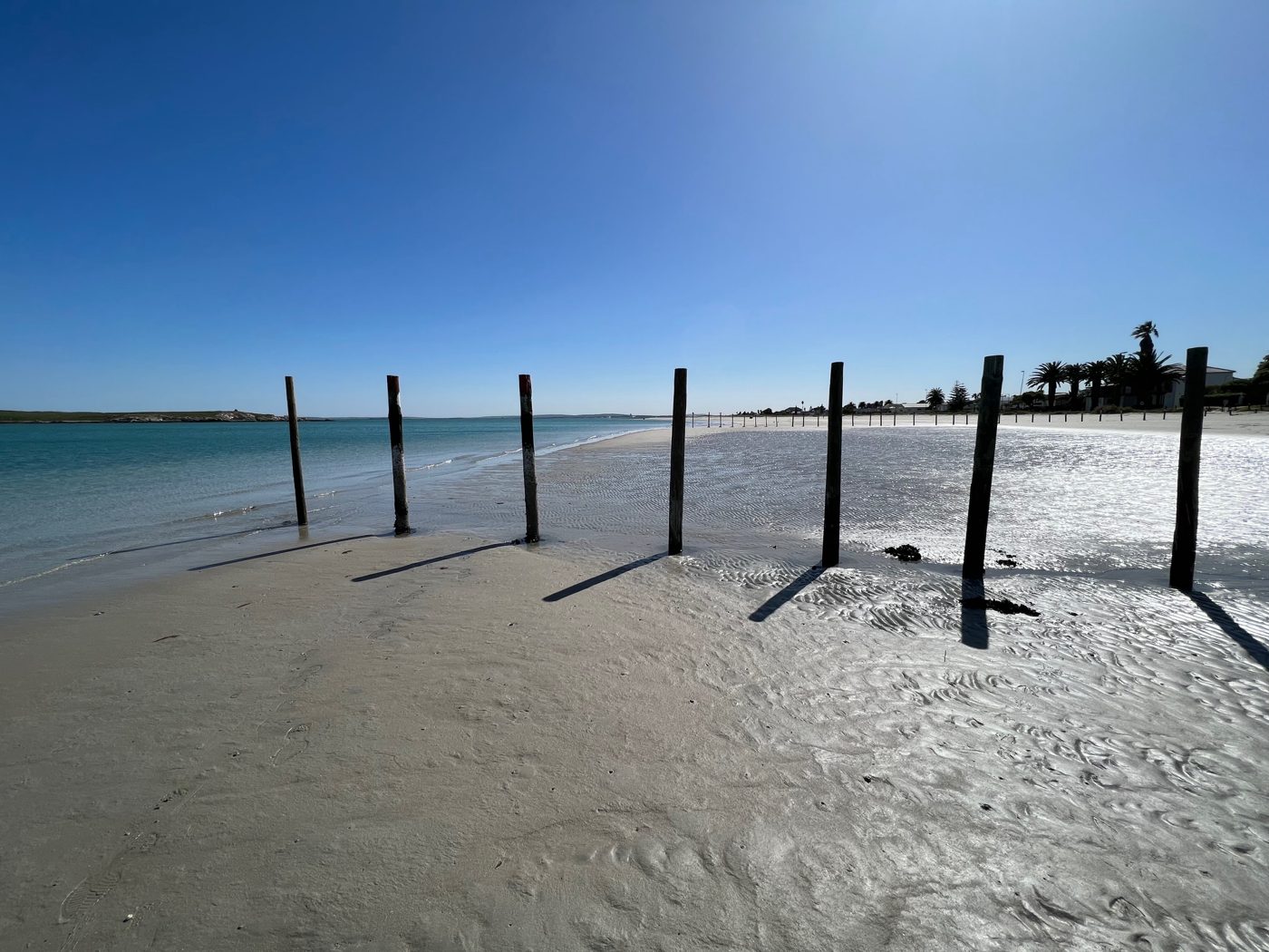 Holzpfähle im flachen Wasser am Strand von Langebaan
